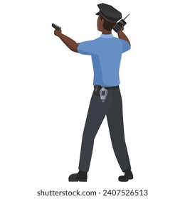 Vista posterior del policía negro apuntando con un arma. Oficial masculino africano con imagen vectorial de walkie talkie