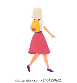 Back view of blonde student girl. Stylish female student with backpack cartoon vector illustration