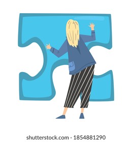 Back View of Blonde Woman Solving Jigsaw Puzzle, Person Trying to Connect Blue Puzzle Element Cartoon Style Vector Illustration