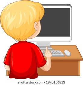 Back view of a boy with computer on the table on white background illustration