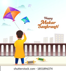 Back View Of Boy Flying Kite On Roof With Cityscape View For Happy Makar Sankranti Festival.