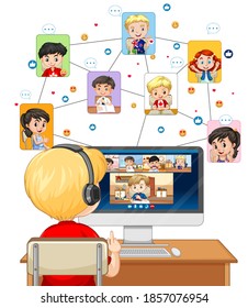 Back view of boy looking at computer for video conference on white background illustration