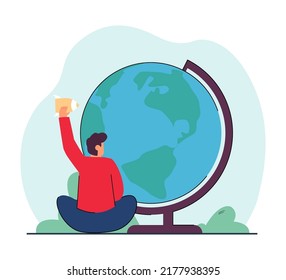 Back view of boy with toy rocket sitting in front of huge globe. School student or kid dreaming of traveling around world flat vector illustration. Education, tourism, childhood concept for banner