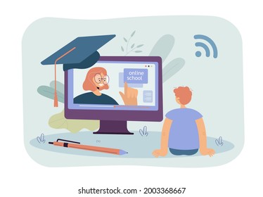 Back view of boy watching online lecture. Schoolboy sitting in front of huge monitor with female teacher on screen flat vector illustration. Online education, school concept for banner, website design