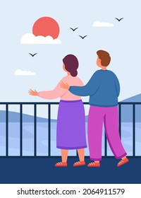 Back view of boyfriend and girlfriend looking at seascape. Cute couple of tourists hugging on embankment flat vector illustration. Tourism, romance concept for banner, website design or landing page