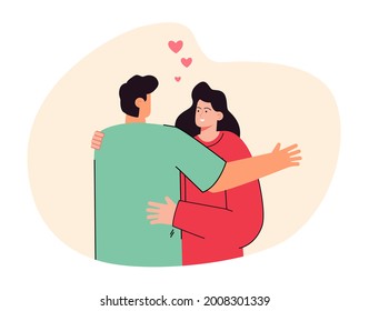 Back view of boyfriend hugging girlfriend. Cute couple standing together, woman smiling flat vector illustration. Romance, relationship, love concept for banner, website design or landing web page