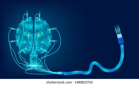 back view brain interfaces technology plug and play transfer data to device. vector illustration eps10