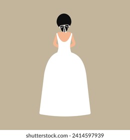 Rückansicht einer Braut in weißem Hochzeitskleid, Vektorgrafik. Hochzeitsfeier