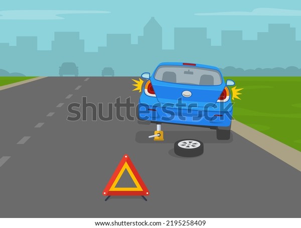 Back view of broken blue\
car. Changing flat tire using car jack. Red breakdown triangle\
stands behind the broken car on road side. Flat vector illustration\
template.