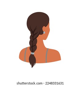 Back view brunette and long braid vector illustration  Trendy cartoon drawing female hairstyle isolated white background  Beauty salon concept