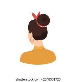 Back view brunette and top knot bun vector illustration  Trendy cartoon drawing female hairstyle and headband isolated white background  Beauty salon concept