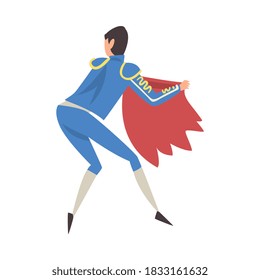 Back View of Bullfighter with Red Cape, Bullfighting Toreador Character Dressed in Blue Costume, Spanish Corrida Traditional Performance Cartoon Style Vector Illustration