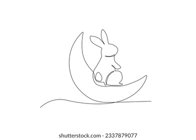 Back view of a bunny sitting on a crescent moon. Mid-autumn one-line drawing