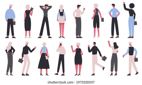 Back view business characters. Office workers view from back, men and women back side vector illustration set. Businessman, manager back pose standing