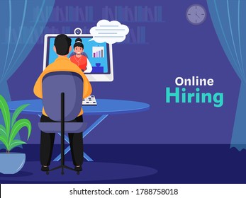 Back View Of Business Man Having Interview A Job Candidate From Desktop For Online Hiring Concept Based Design. 