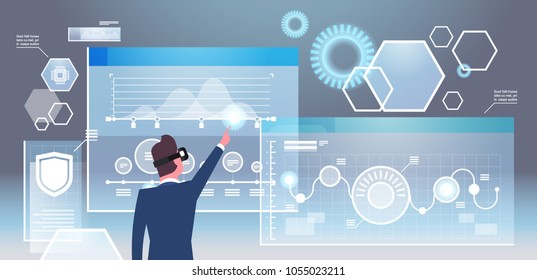 Back View Of Businessman In 3d Glasses Using Futuristic Interface Virtual Reality Technology Concept