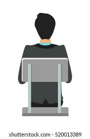 Back view of businessman in black business suit sitting on gray chair. Business people series. Isolated object in flat design on white background. Vector illustration.