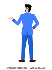 Back view. Businessman in blue suit standing, showing way isolated over white background. Concept of business, career development, ambitions, innovative strategy. Copy space for ad