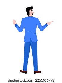 Back view. Businessman in blue suit standing, showing different ways isolated over white background. Concept of business, career development, ambitions, innovative strategy. Copy space for ad
