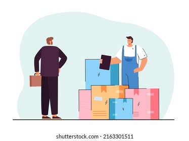 Vista posterior del hombre de negocios y el repartidor con cajas. Courier entrega el paquete a la ilustración vectorial plana de la compañía. Servicio de entrega o traslado, concepto de transporte para banner o página web de aterrizaje