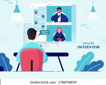 Back View of Businessman having Video Conference from People in Computer for Online Interview, Job Vacancy.