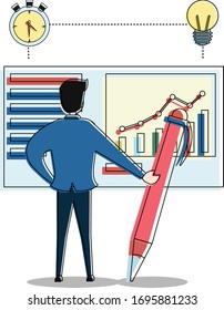 Back view of businessman holding a huge pen while examining the company finance chart vector concept, isolated in white background with stopwatch and bulb icons