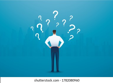 back view of businessman looking at  question marks vector illustration 