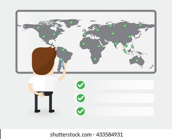 back view of businessman marking on the world map board
