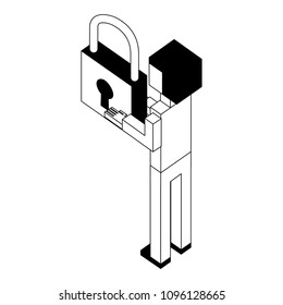 back view businessman with padlock in hands isometric