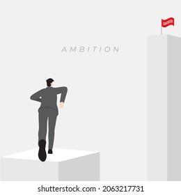 Back view of businessman runs aim to a very high target with successful red flag on top. The business concept of ambition, challenge, achievement, motivation. Vector illustration flat minimal style.