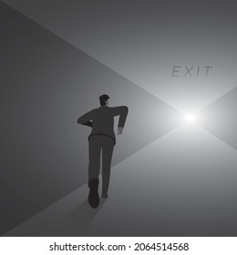 Back view of businessman runs aim to a very far target with light at the exit of the tunnel. The business concept of ambition, challenge, achievement, motivation. Vector illustration minimal style.