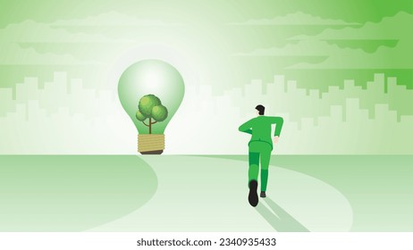 A back view of businessman runs aim to target goal. tree light bulb in a city. Environmental policy idea, Net zero emission, Carbon footprint reduction, Sustainable, Eco friendly and green concept.