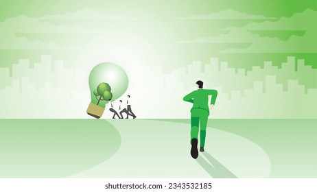 Back view of businessman runs aim to target goal. to help push a tree light bulb. Environmental policy idea, Net zero emission, Carbon footprint reduction, Sustainable, Eco friendly and green concept.