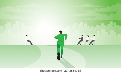 Back view of a businessman runs aim to target goal. to help a team pull a rope in tug of war. Business competition, contest of career, competing at work, office workplace, boss and employee concept.