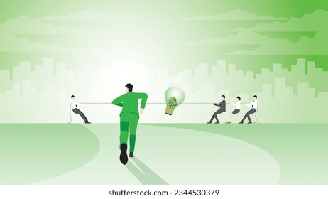 La vista trasera de los empresarios busca el objetivo. ayudar al equipo a tirar de una cuerda en un tira y afloja de la guerra. Política ambiental, emisión cero neta, reducción de la huella de carbono, concepto sostenible, ecológico y ecológico.
