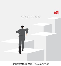 Back view of businessman runs on messy cubic step aim to target with successful red flag on top. The business concept of ambition, challenge, achievement, motivation. Vector illustration flat minimal.