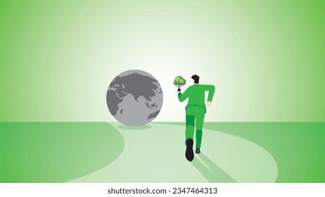 Back view of a businessman runs with a tree to the destroyed gray earth. Environmental concern, plant a tree, Net zero emission, Reduce carbon footprint, Sustainable, Save the world, and eco concept.