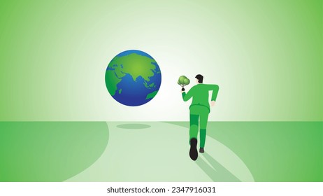 The back view of a businessman runs with a tree to the earth. Environmental concern, plant a tree, Net zero emission, Reduce carbon footprint, Sustainable policy, Save the world, and eco concept.