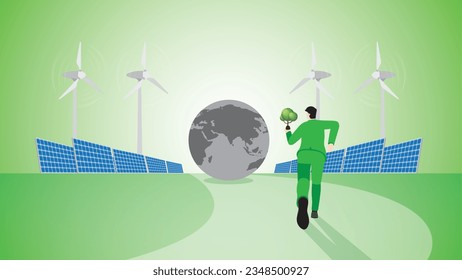 Back view of a businessman runs with a tree to the destroyed gray earth. Alternative renewable energy, Wind turbine generator power, solar cells panel, plant a tree, and environmental concern concept.