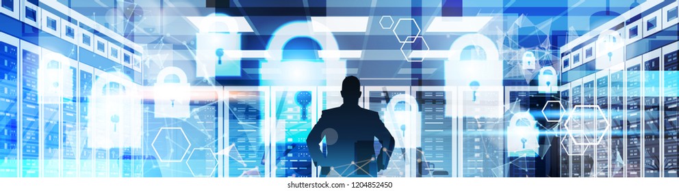 Back view of businessman silhouettes working with virtual panel GDPR data privacy background. network protection of personal storage General Data Protection Regulation concept banner vector