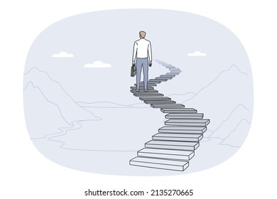 Back view of businessman stand on stairs to career success or goal achievement. Motivated male employee or worker on way to aim accomplishment. Business and motivation. Vector illustration. 