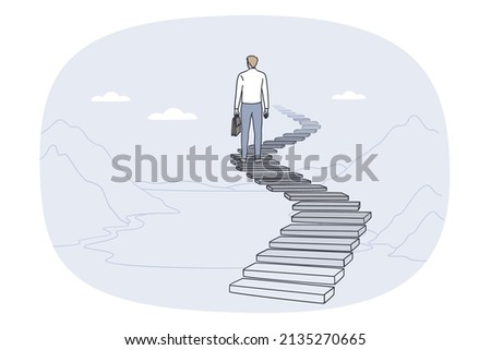 Back view of businessman stand on stairs to career success or goal achievement. Motivated male employee or worker on way to aim accomplishment. Business and motivation. Vector illustration. 