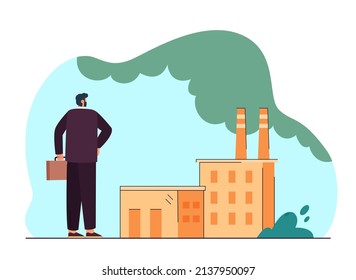 Back view of businessman watching factory and emissions. Man standing in front of industrial building flat vector illustration. Ecology, pollution concept for banner, website design or landing page