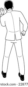 Back view of a businessman who rejoices with a guts pose