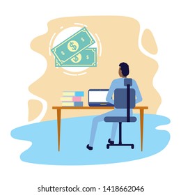 back view businessman working office desk computer business vector illustration