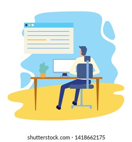 back view businessman working office desk computer business vector illustration