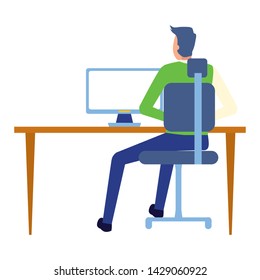 back view businessman working office desk computer business vector illustration