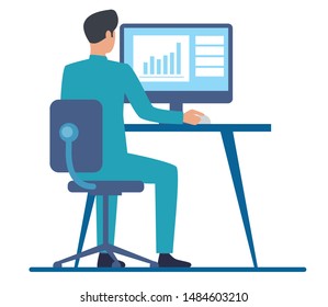 Back view businessman working office desk computer business vector illustration
