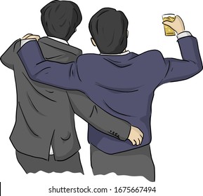 back view of businessmen holding glass of alcohol to celebrate party vector illustration sketch doodle hand drawn isolated on white background. Success business concept.