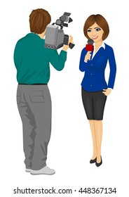 Back View Of Cameraman Recording Female Journalist Or TV Reporter Presenting The News In Studio